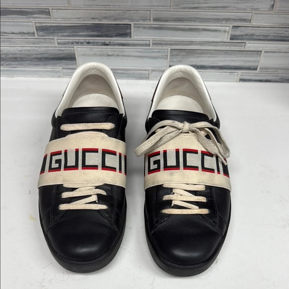 GUCCI 523469 ACE MEN'S SHOES BLACK CALF-SKIN LEATHER CASUAL SNEAKERS